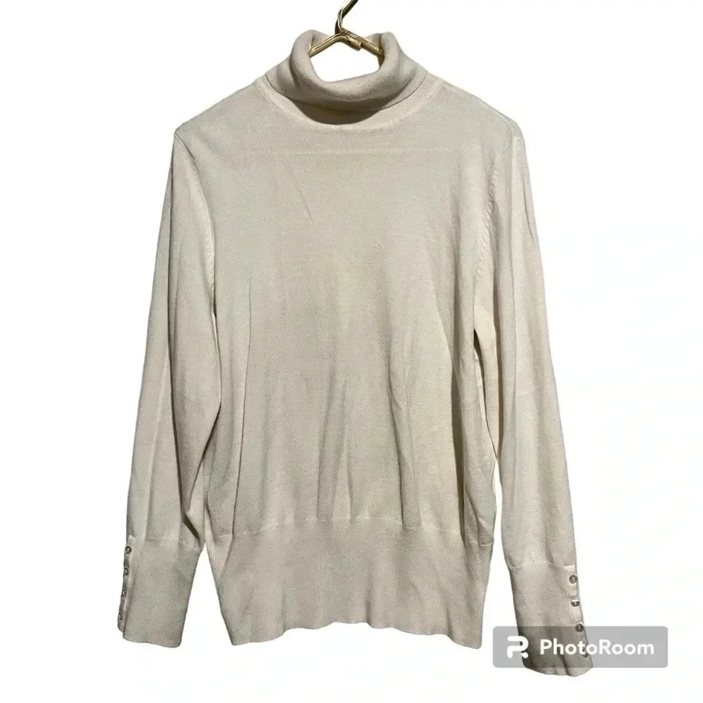 JM Collection Acrylic Blend Button Sleeve Turtleneck Sweater Cream Sz L